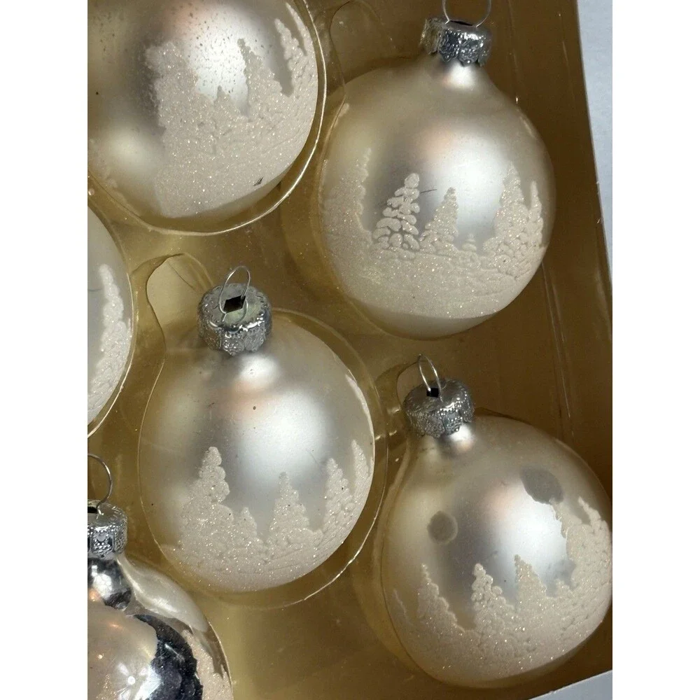 9 Glass Christmas Ornaments Frosted Glitter Winter Trees Ivory w/ Box